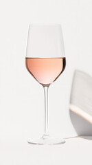 A clean, elegant shot of a glass of rosé wine, emphasizing its light pink hue and simplicity.
