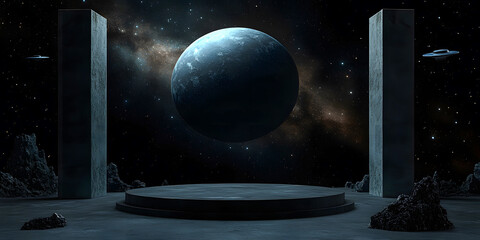 A mysterious celestial scene featuring a floating planet surrounded by monolithic structures and ufos in a starry space environment