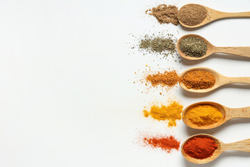 Row of wooden spoons with different spices on light background