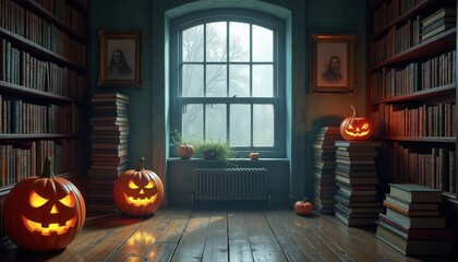 Obraz premium Halloween stuff creepy portraits, old bookshelves, foggy windows and free copy space.