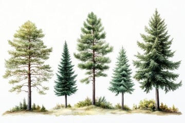 Obraz premium Illustration of a variety of five distinctive pine trees showcasing different shapes and foliage