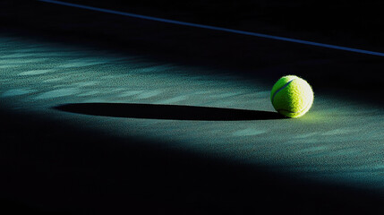 A tennis ball rests on a dark court under bright lights, casting a shadow that highlights movement and energy