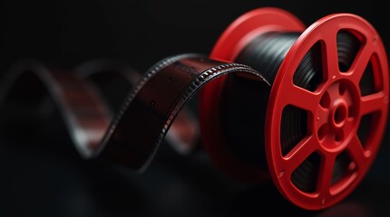 Obraz premium A red film reel sits against a dark background with film strip unwinding elegantly in a creative studio setup