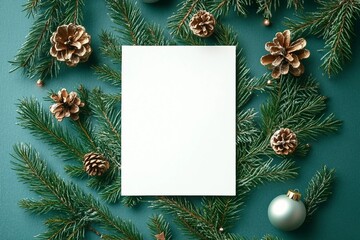Christmas card flat lay. Modern greeting card mock up with stylish christmas decorations, fir branches, ornaments on green background. Empty postcard template with space for text. Merry Christmas