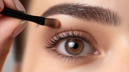 closeup of a woman's eye with a makeup brush