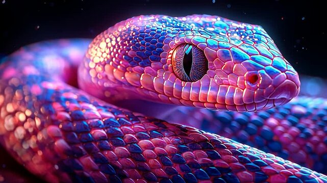 Pink and blue iridescent snake poses against a black background. Shiny scales reflect light, showcasing a vibrant and mesmerizing pattern that captivates the viewer's attention