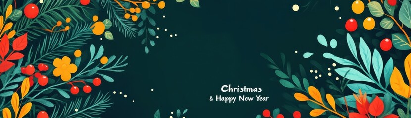 Festive Christmas and New Year horizontal design with colorful greenery and berries on a dark background