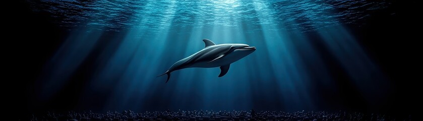 Obraz premium A dolphin swimming gracefully beneath the water's surface with beams of light shining through.