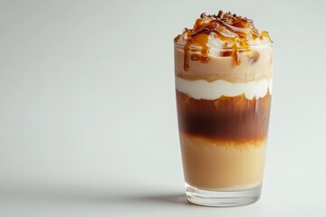 Iced caramel macchiato with whipped cream and caramel drizzle
