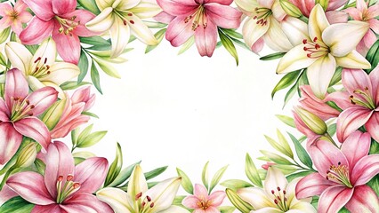 Fototapeta premium Cute Spring Lily Border Floral Frame watercolor Frame with white and pink watercolor lilys Extreme Close-Up