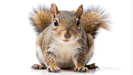 Fototapeta premium Cute squirrel isolated on white background in wide-angle view