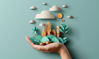 Hand holding stack of paper-style coins with Bitcoin symbols, vibrant illustration of digital finance concept. Free copy space for banner.