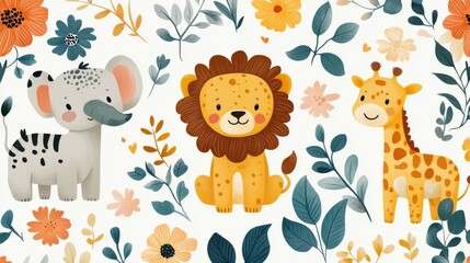 Naklejka premium Adorable jungle animals like tigers, lions, crocodiles, and giraffes amidst vibrant tropical plants. Fun and cheerful vector pattern