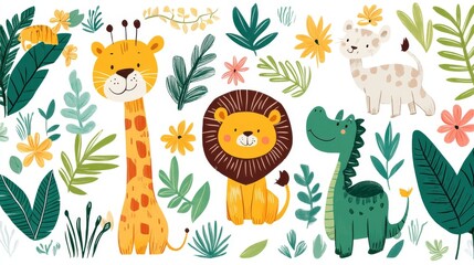 Adorable jungle animals like tigers, lions, crocodiles, and giraffes amidst vibrant tropical plants. Fun and cheerful vector pattern