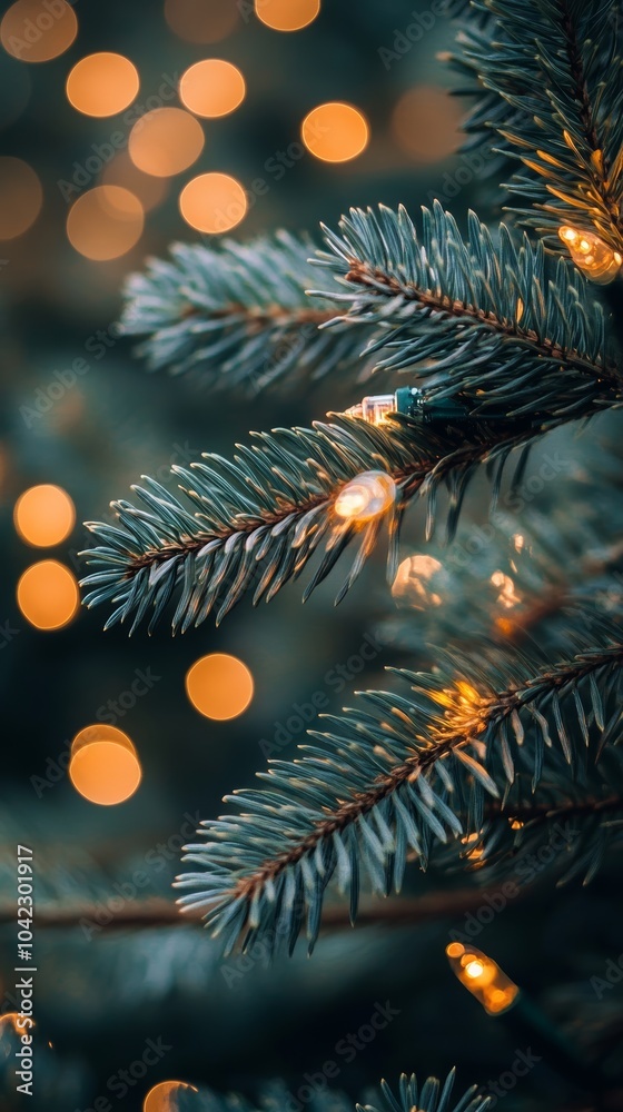 Poster close-up of pine tree branch with christmas lights and soft bokeh background. magical winter holiday