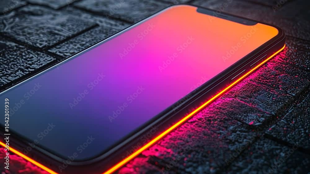 Poster modern smartphone with rounded edges and triple-lens camera is displaying an abstract colorful backg