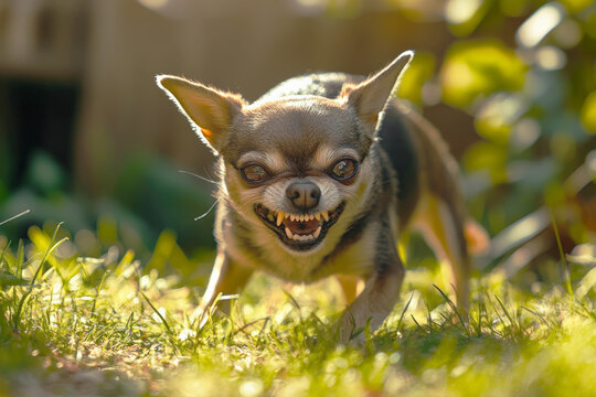 Aggressive Chihuahua showing its teeth outdoors
