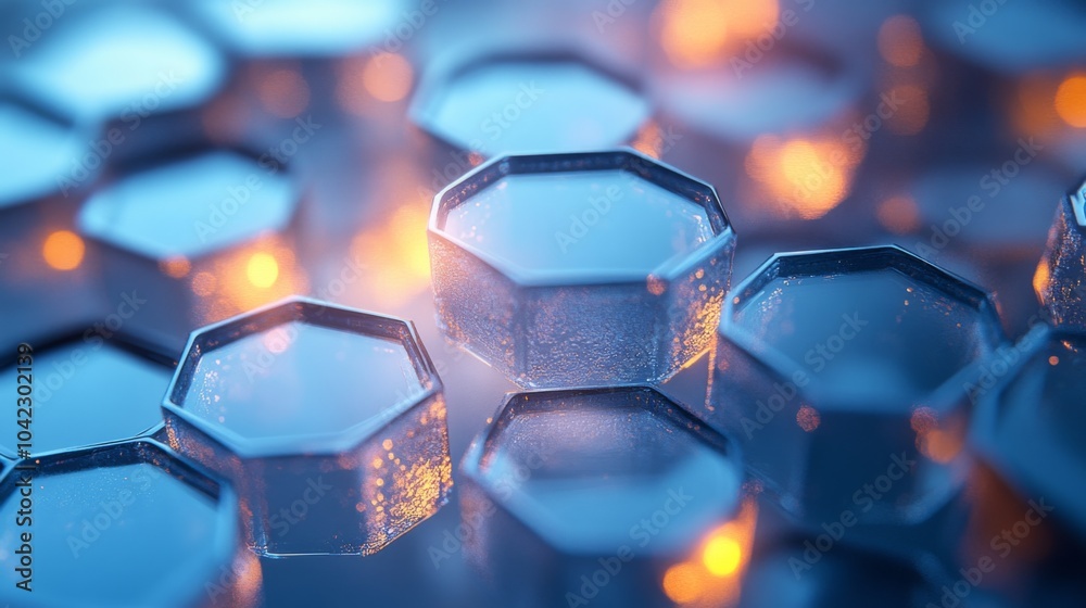 Aufkleber Translucent hexagonal structures reflect shimmering light in varying shades, creating a captivating interplay of color and texture. This intricate arrangement highlights modern design and creativity.