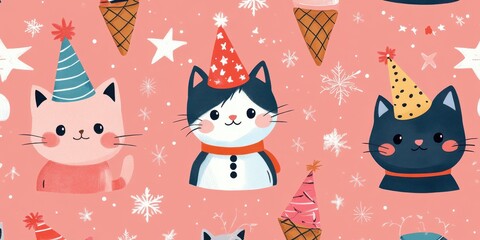 Cute pastel pink background with playful kittens wearing party hats and surrounded by whimsical ice cream cones and stars, perfect for cheerful and festive designs