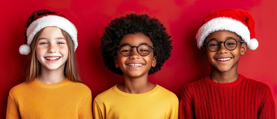 Fototapeta premium Group of Smiling Children in Santa Hats Enjoying the Christmas Holiday Season
