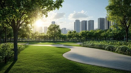 Fototapeta premium Modern park landscape eco friendly urban green space city view grass and sustainability concept for the future
