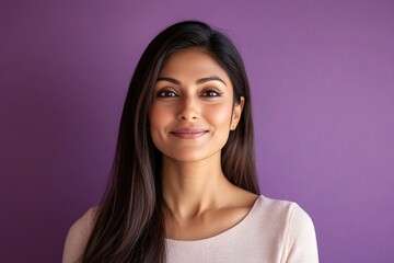Fototapeta premium A brunette Indian mother with brown eyes on Mother's Day against a solid purple background 4