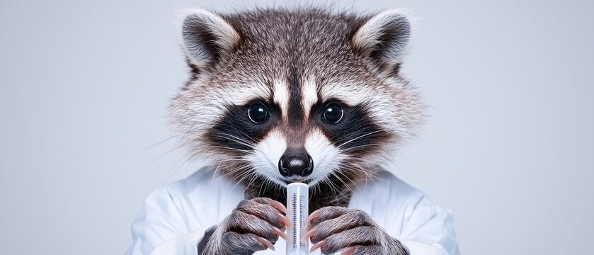 A raccoon in a lab coat conducting experiments with a test tube, isolated on a white background.