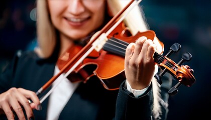 A closeup view of a violinist playing the violin; a musician playing a music instrument in a symphony theatre; a focused view of the hands of the musician playing an instrument; selective focus; blur