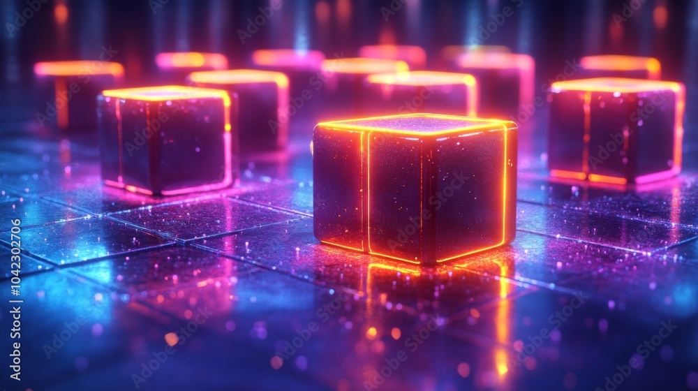 Poster Colorful neon cubes glow in a dark, futuristic space, casting reflections on a shiny surface. The vibrant hues create a mesmerizing effect, inviting exploration.