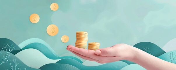 Hand holding stack of paper-style coins with Bitcoin symbols, vibrant illustration of digital finance concept. Free copy space for banner.