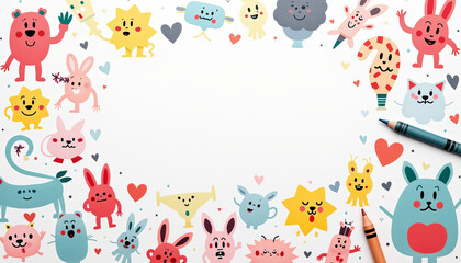 A drawing of animals with a white background. The animals are drawn in a variety of colors and sizes, and they are all smiling. Scene is cheerful and playful