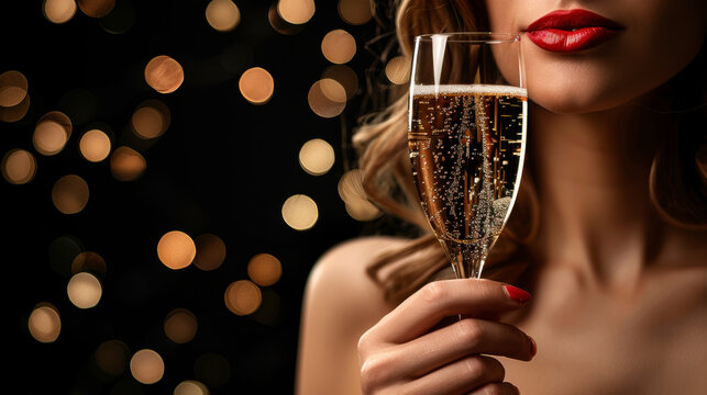 La main d'une femme tient un verre de champagne mousseux, avec une trace de rouge &agrave; l&egrave;vres sur le verre.