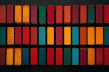 Obraz premium Aerial view of colorful shipping containers organized in neat rows on a dark background.