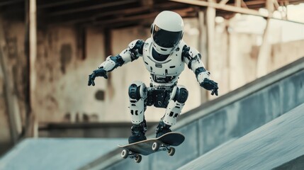 Fototapeta premium Robot performing stunts on skateboard ramp