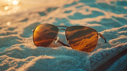 A stylish pair of sunglasses resting on a sandy beach towel, evoking summer vibes for Father's Day