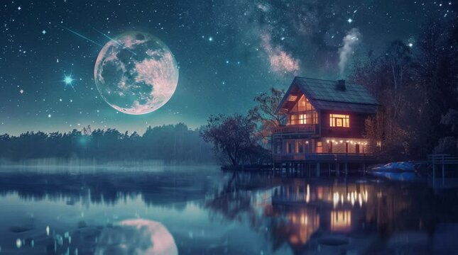 Glowing wooden house reflects on calm lake under full moonlight in peaceful night
Seamless looping 4k time-lapse virtual video animation Generated AI