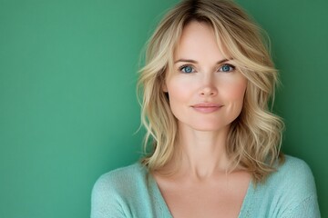 Fototapeta premium A blonde Caucasian mother with blue eyes on Mother's Day against a solid green background 4