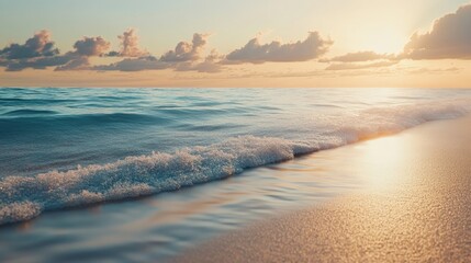 Obraz premium A tranquil beach scene at sunset, with gentle waves lapping at the shore, creating a peaceful atmosphere for reflection