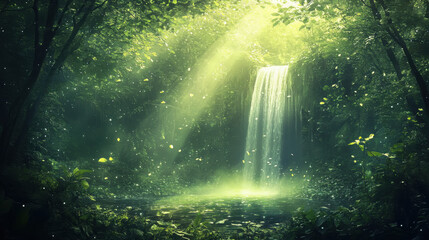 Obraz premium Enchanting lush green forest with sunbeams and serene waterfall