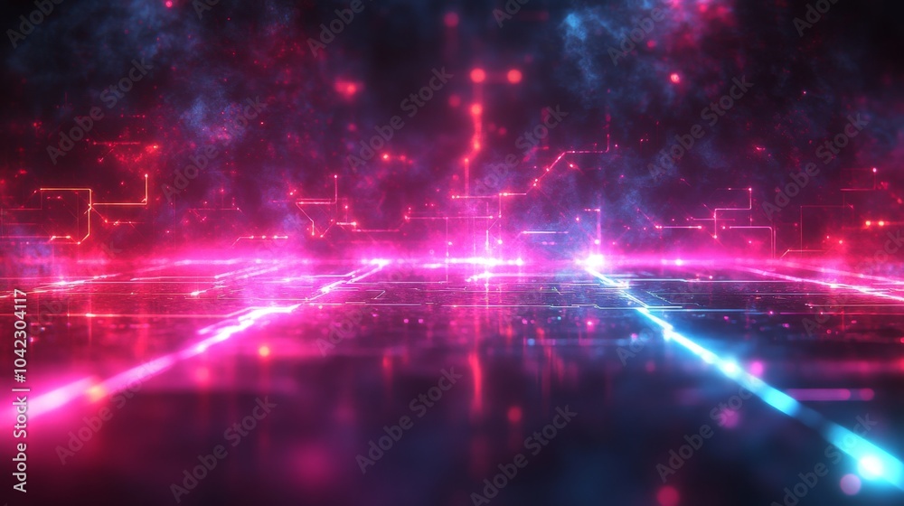 Poster A captivating digital landscape featuring neon lights in vivid pink and blue hues, creating an abstract environment that evokes a sense of futurism and technology.