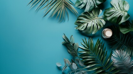 Tropical green leaves and foliage on vibrant turquoise background