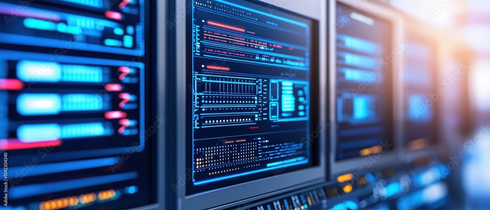 Poster close-up of modern server rack with illuminated screens displaying data and analytics.