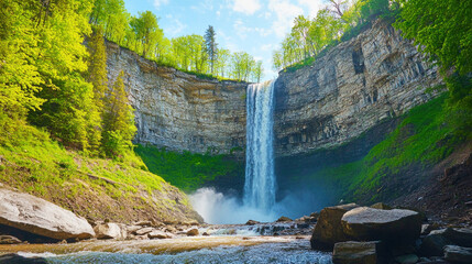 Fototapeta premium Spring thaw transforms Comet Falls with rushing water and vibrant green foliage revitalizing the landscape