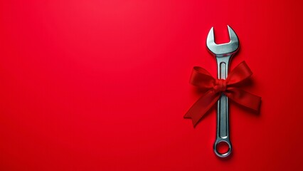 Wrench with red ribbon on festive red background, concept of Christmas gift for mechanics