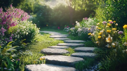 Fototapeta premium A well-maintained garden with blooming flowers and a decorative stone path, ideal for a relaxing Father's Day celebration