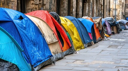 Homeless tent encampment on a city sidewalk, representing the growing issue of homelessness due to the housing crisis
