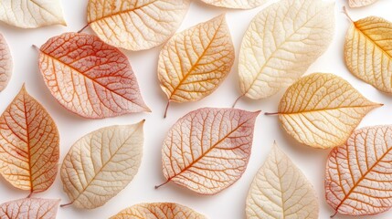 A collection of autumn leaves in various shades of orange and cream is delicately arranged,...