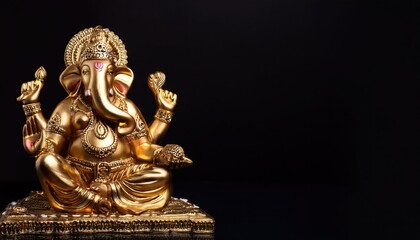 Obraz premium Gold Ganesha in Sitting Pose on Dark Black Background