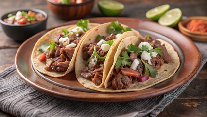 Delicious beef tacos served on a rustic wooden table with fresh toppings and lime wedges for an authentic Mexican dining experience