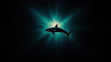 Fototapeta premium Dolphin swimming gracefully through dark waters with shimmering light rays illuminating its form.